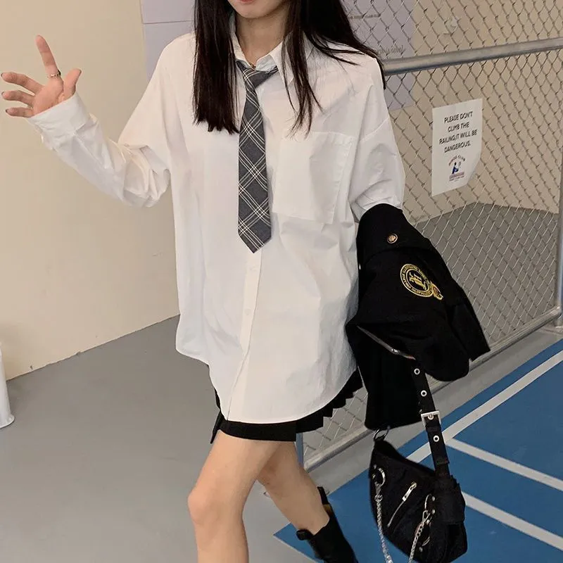 奶白色衬衫女外穿设计感领带2024新款春秋JK衬衣百搭长袖上衣