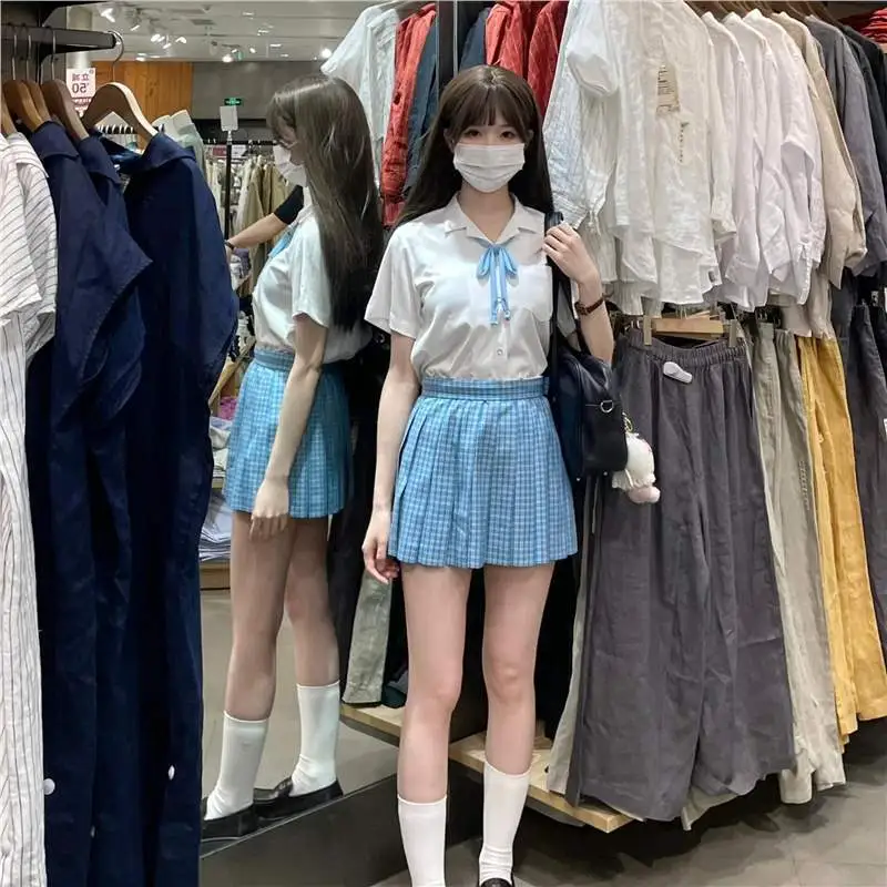 松蓝校供感JK制服裙原创正版蓝色格裙穿搭上衣白色衬衫基础款套装