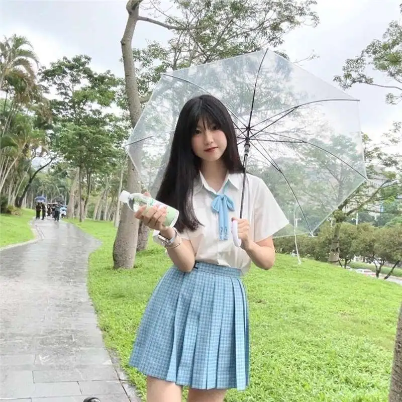 夏季JK日系学院风白色短袖樱木北衬衫校供感穿搭松蓝半身格裙套装