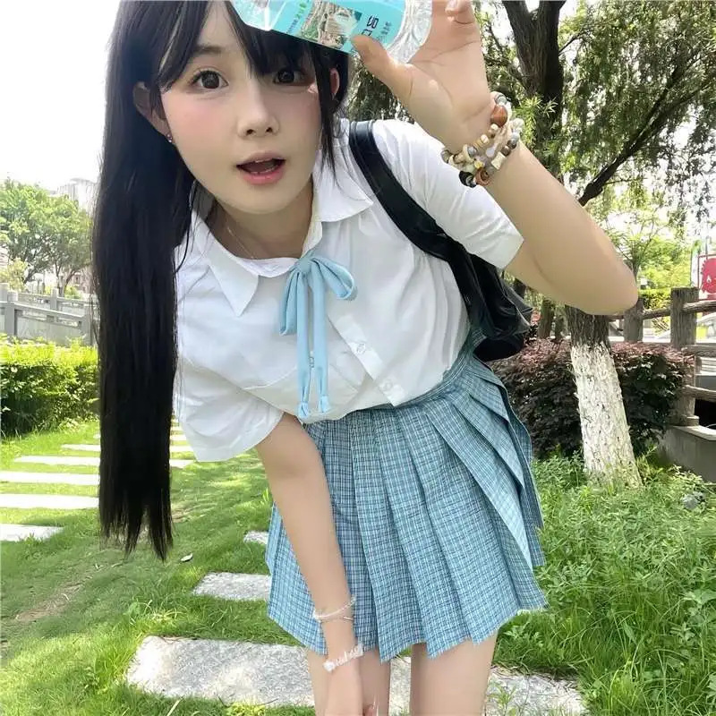 原创JK制服短袖学院白色衬衫夏季套装基础款上衣校供松蓝格裙
