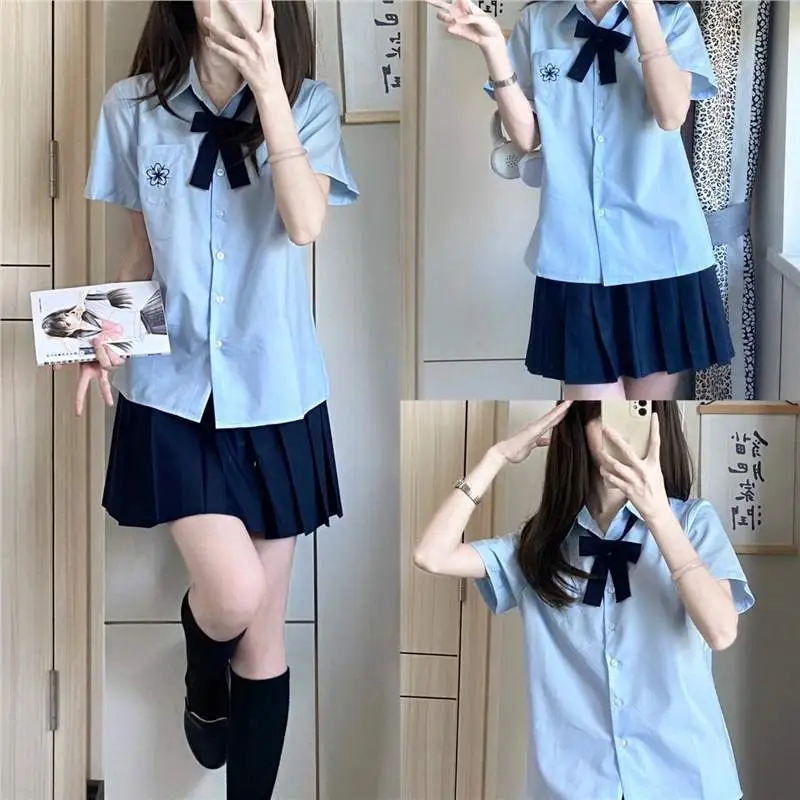 日系学院风jk制服套装夏季刺绣村上宽松短袖上衣纯色基础款衬衫女