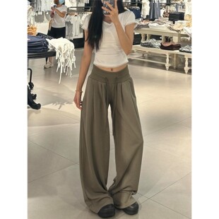 低腰显瘦垂感宽松慵懒阔腿卫裤 灰绿色美式 2025年新款 女秋季 运动裤