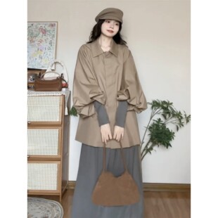 韩式 披肩 棕色女士大衣 宽松优雅短风衣 薄大衣 春秋季 2025新款