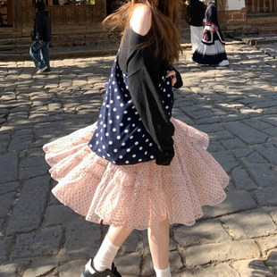 绝美粉色短款波点半身裙女装春季大码小个子纱裙子大裙摆蛋糕中裙