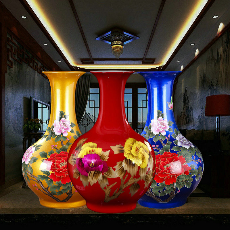 景德镇陶瓷器红黄蓝色牡丹插花瓶中式装饰居家客厅桌面简约摆件 Изображение 1 景德镇陶瓷器红黄蓝色牡丹插花瓶中式装饰居家客厅桌面简约摆件 Изображение 1