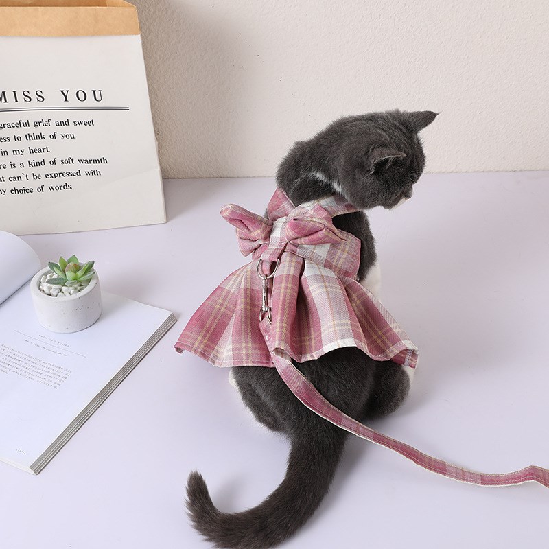 宠物JK格子裙子 胸背带牵引绳猫咪背心小狗衣服X宠物裙子工厂