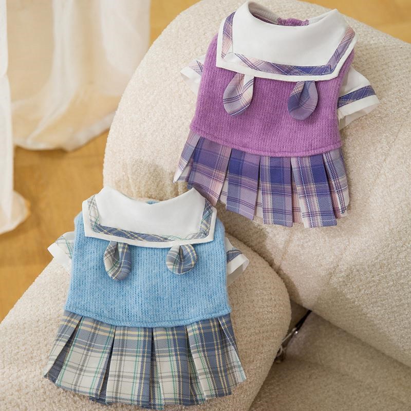 新款美式学e院风情侣装猫咪衣服秋冬季薄款jk格纹裙子狗狗宠物服