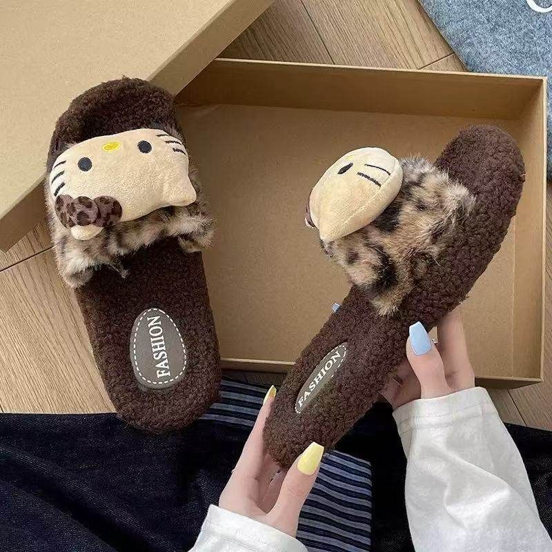 棉拖鞋女可爱豹纹KT猫毛毛拖鞋女新款室内室外穿防滑厚底秋冬批发