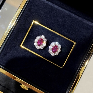 40分围镶蛋形红宝石小耳钉女925银镀金新年红色彩宝耳环精致显白