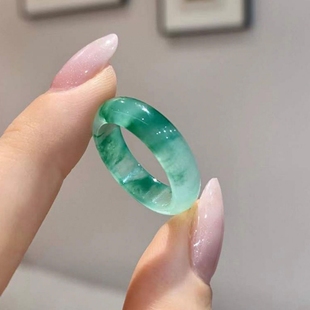 高冰飘花天然非洲翠镶钻指环套戒女925银镀金新中式素圈情侣戒指