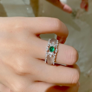 新中式天然冰种白玉髓繁花绿珠戒指女925银双戴同心套戒媲美翡翠