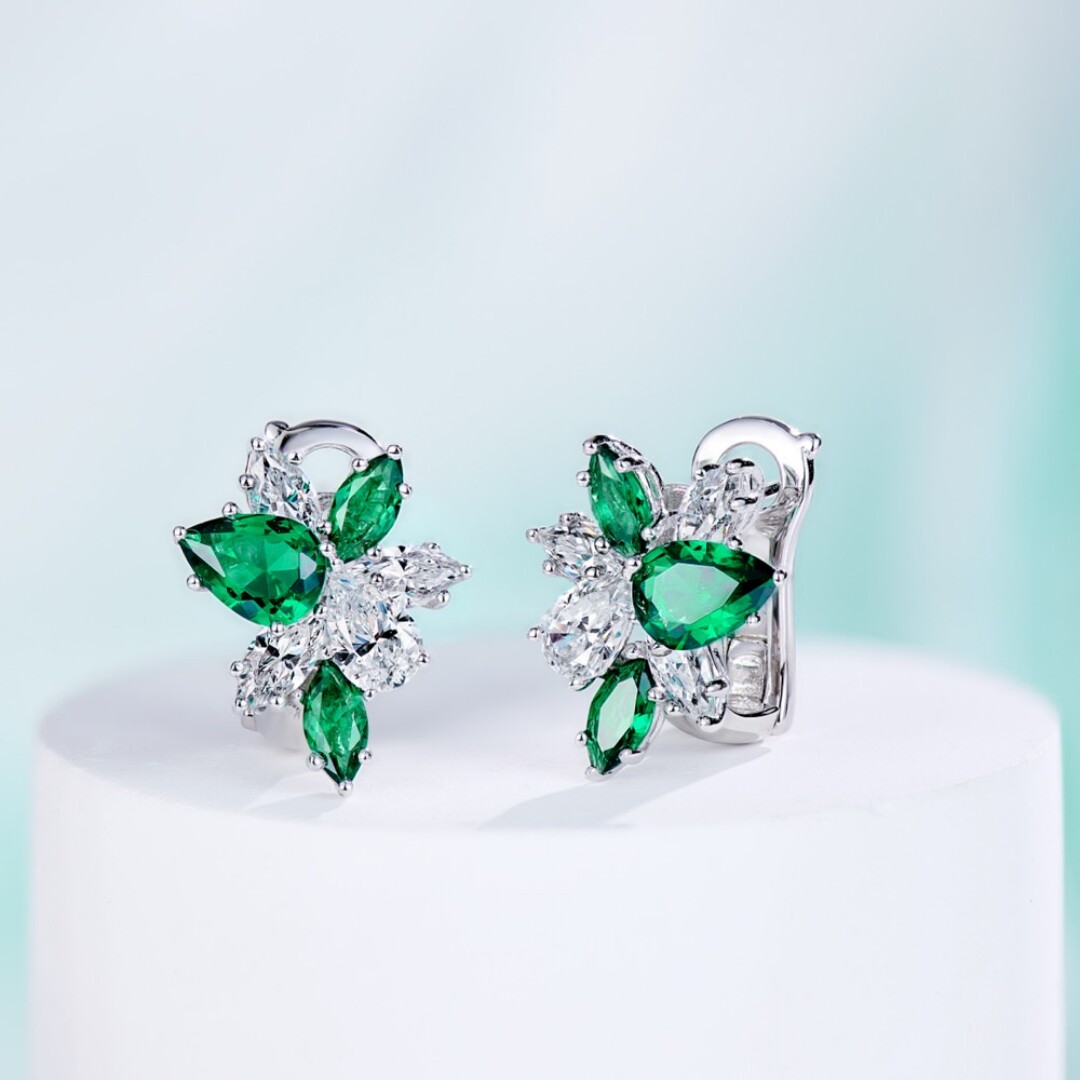 间色红宝石绿尖晶锦簇满钻耳环女925银轻奢高级马眼水滴花朵耳拍