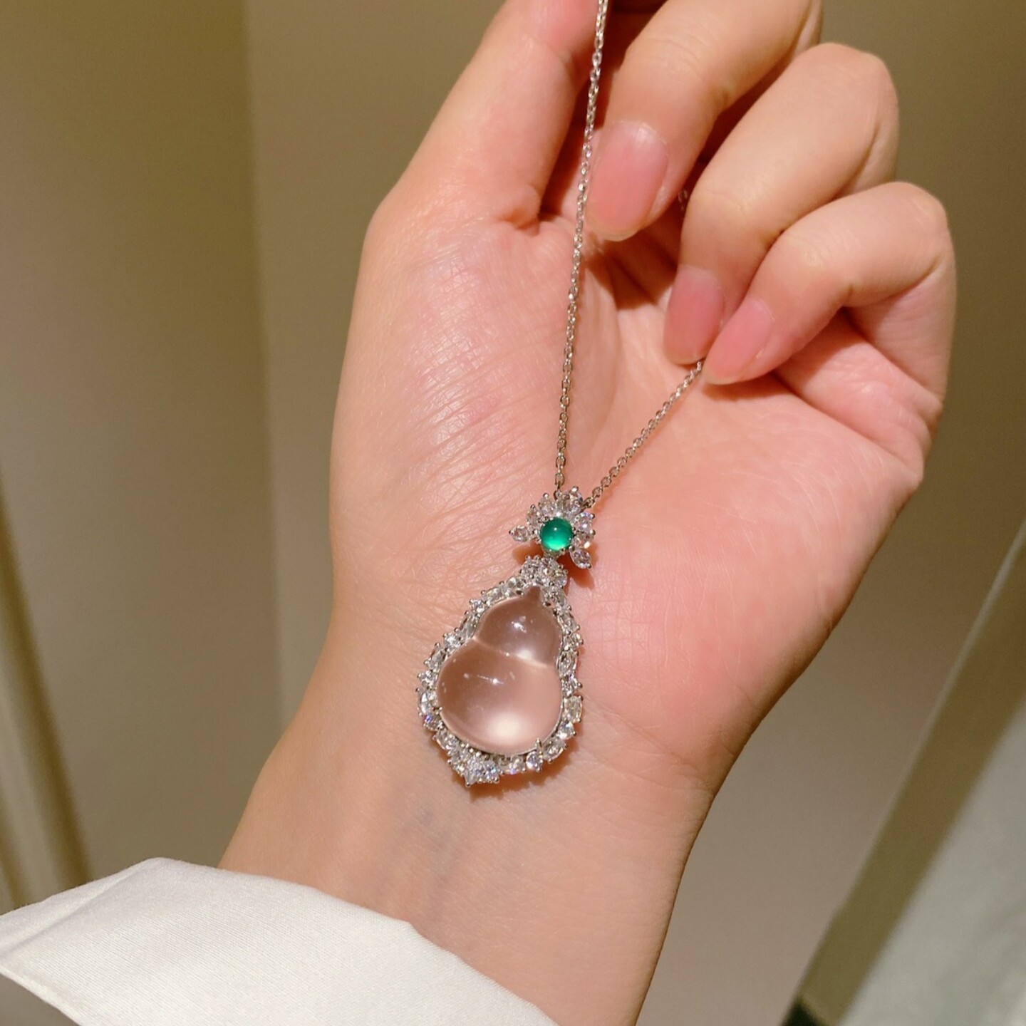 新中式天然水沫玉高冰玻璃种微棉葫芦福禄项链女925纯银媲美翡翠