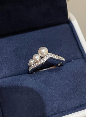 约瑟芬半边V形珍珠排钻戒指女925银镀金施家珍珠精致气质婚礼