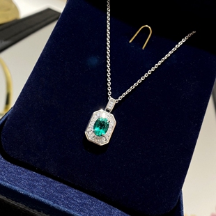 哥伦比亚木作色培育祖母绿1.4克拉蛋形祖母绿T方围镶项链女925银