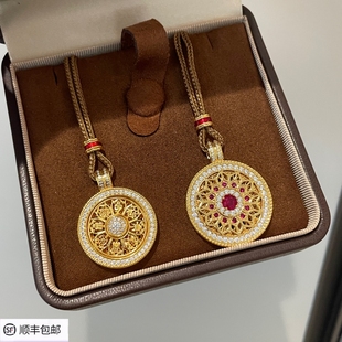 新中式镂空花窗红刚玉罗盘项链镶钻旋转八宝罗盘毛衣链女配编绳