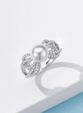 8m丝带蝴蝶结珍珠戒指女925银