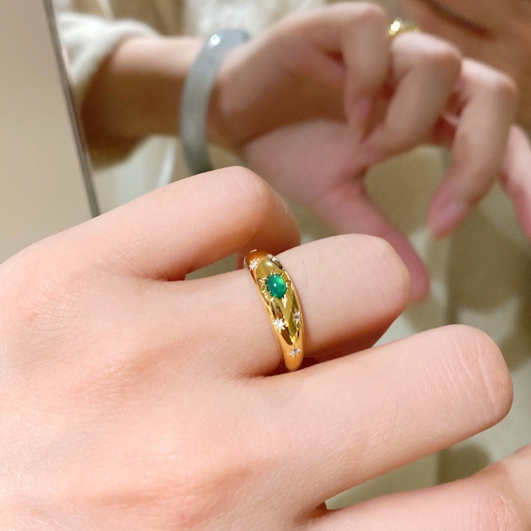 绿玉髓幸运八芒星戒指女925银