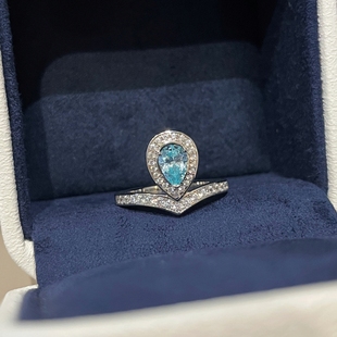 冠冕叠戴款V形75分水滴浅海蓝宝石约瑟芬天空蓝钻石戒指女925纯银