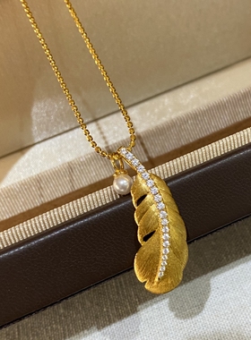 金色手工拉丝羽毛珍珠项链女925