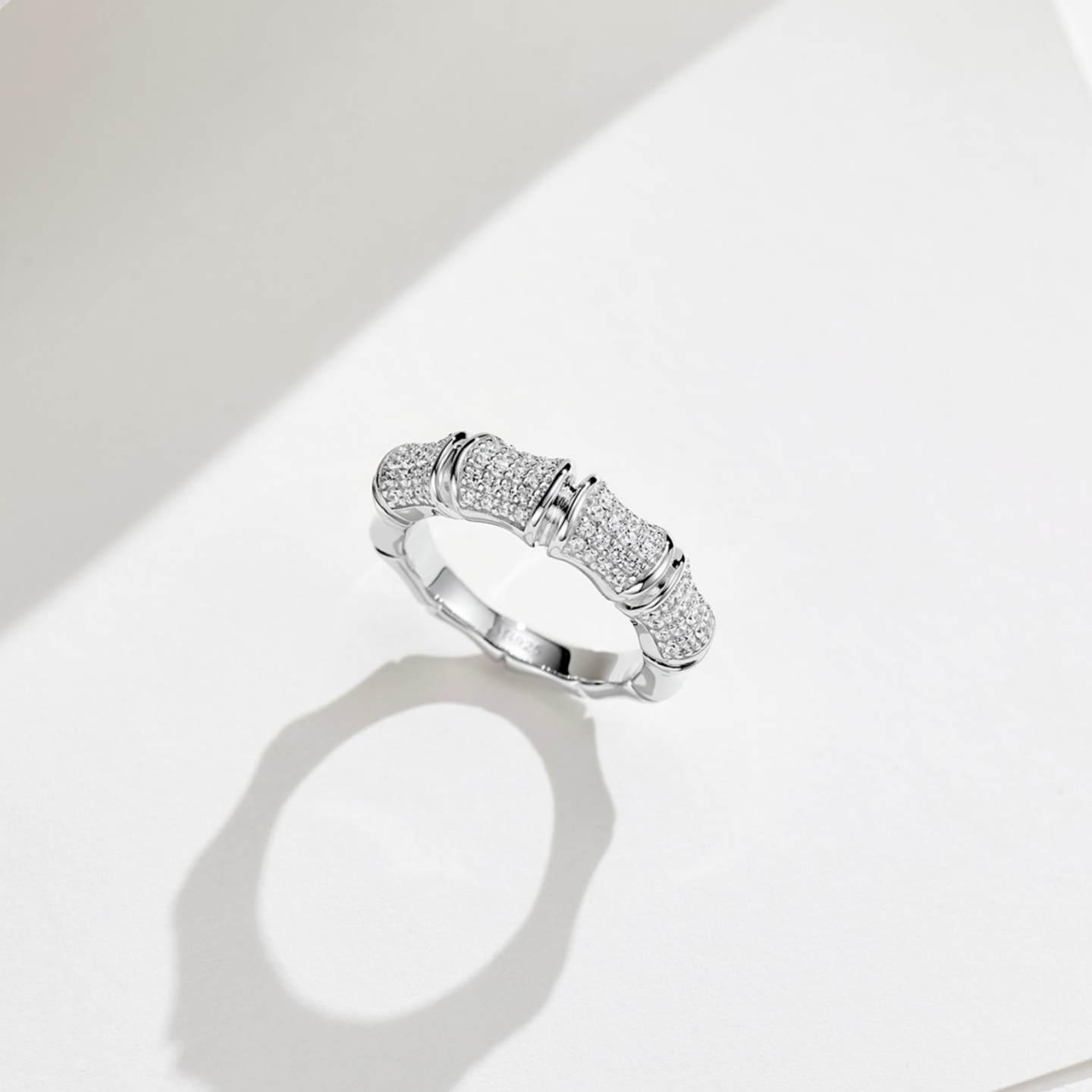 宽版银色竹节镶半钻戒指女925银