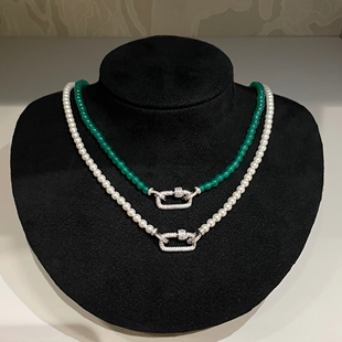 4mm珍珠绿玉髓珠串环形万能回形扣项链女925银搭配佛公翡翠吊坠