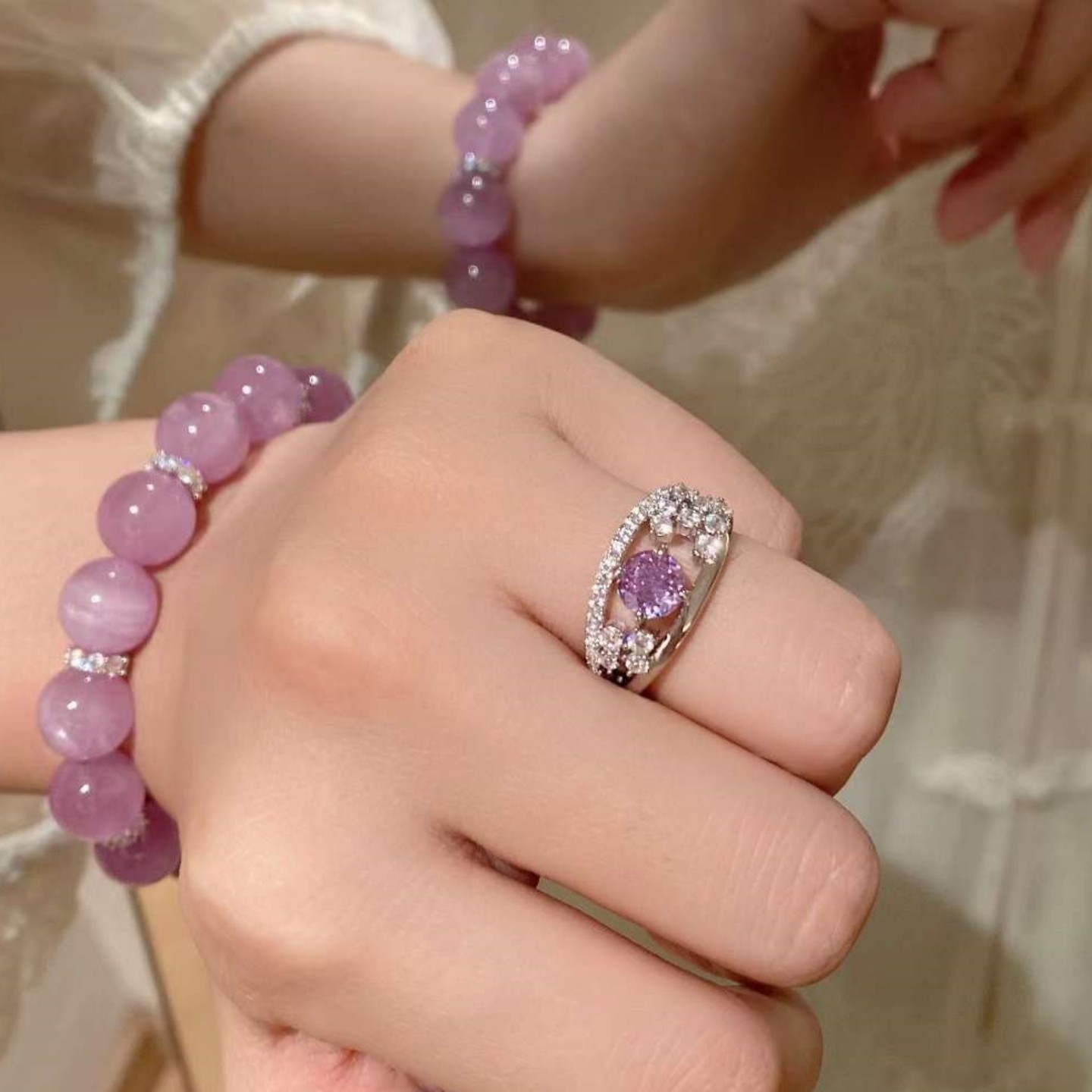 紫气东来~80分繁花紫色镶钻戒指女925纯银镀金轻奢彩钻仙气紫罗兰