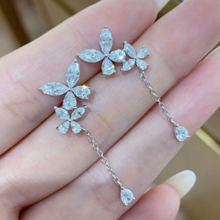 仙气双蝴蝶流苏钻石耳钉耳环女925银镀18K金轻奢精致马眼水滴耳坠