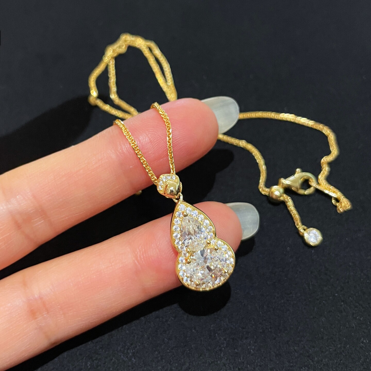 中式韵味80分水滴1.5克拉蛋形拼钻葫芦钻石项链女925银镀18K黄金