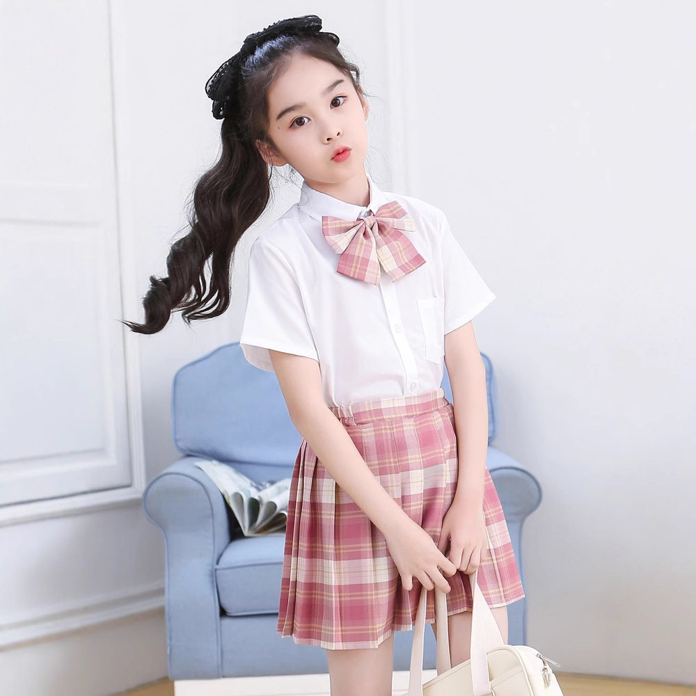 儿童JK制服女童小学生夏季短袖套装基础款衬衫格子百褶裙儿童格裙