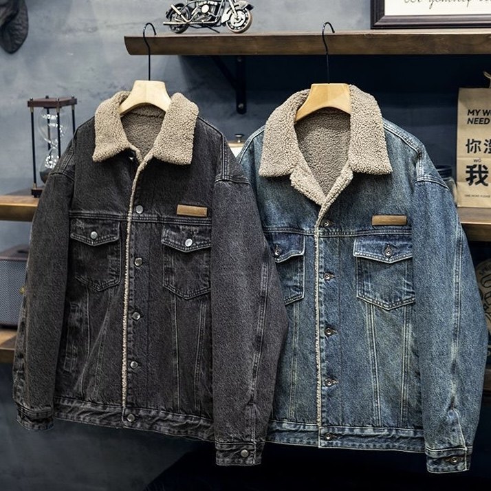 秋冬翻领仿羊羔绒棉衣外套男2026新款加绒保暖工装牛仔夹克棉服潮,男装,牛仔外套,淘宝优惠券,粉丝福利购,淘宝优惠卷