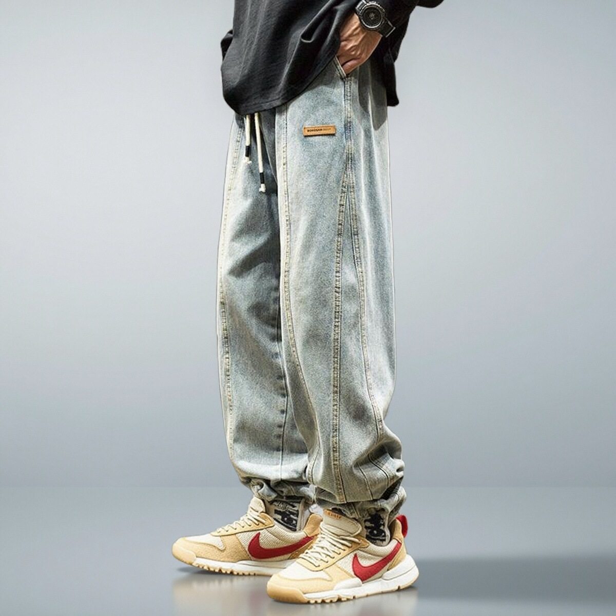 弹力牛仔裤男春秋款宽松抽绳直筒休闲长裤美式复古水洗百搭工装裤,男装,牛仔裤,淘宝优惠券,粉丝福利购,淘宝优惠卷