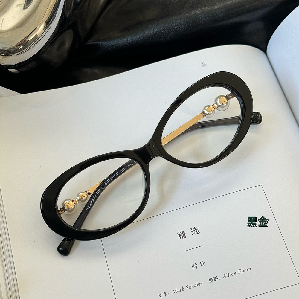 小香风板材珍珠镜腿猫眼眼镜框女