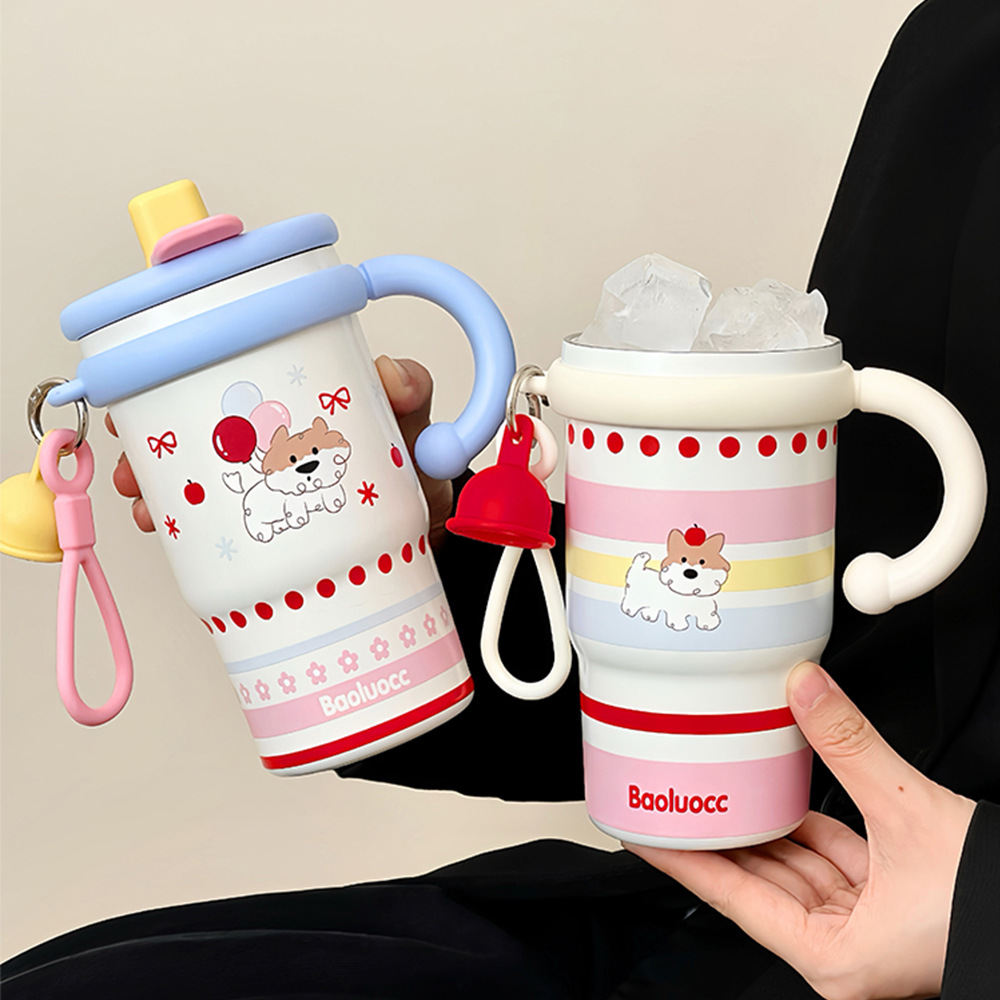 日本品质新款卡通手柄水杯女生桌面双饮咖啡杯便携陶瓷内胆不锈钢