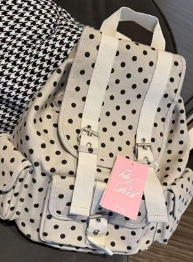 newjeans同款韩国小众设计复古日系波点口袋双肩包大容量棉休闲包