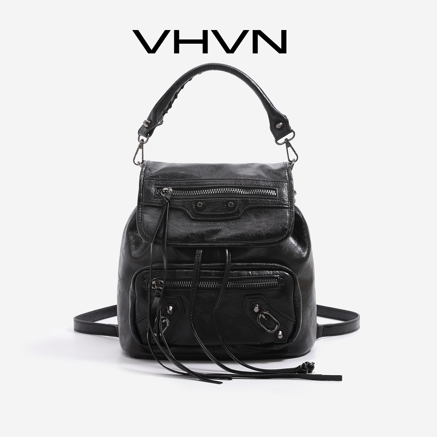 vhvn女包2026新款真皮机车包黑色双肩包女真皮铆钉大容量双肩背包