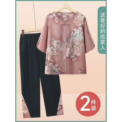 老年人夏季女装妈妈雪纺套装老太太衣服夏天大码T恤奶奶薄款小衫