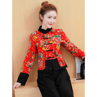 秋冬季中年女士小棉衣女短款唐装中式立领东北大花色棉袄洋气外套