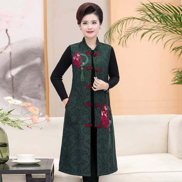 2025秋冬新款加绒加厚民族风马甲开衫宽松洋气时尚百搭扇子花刺绣