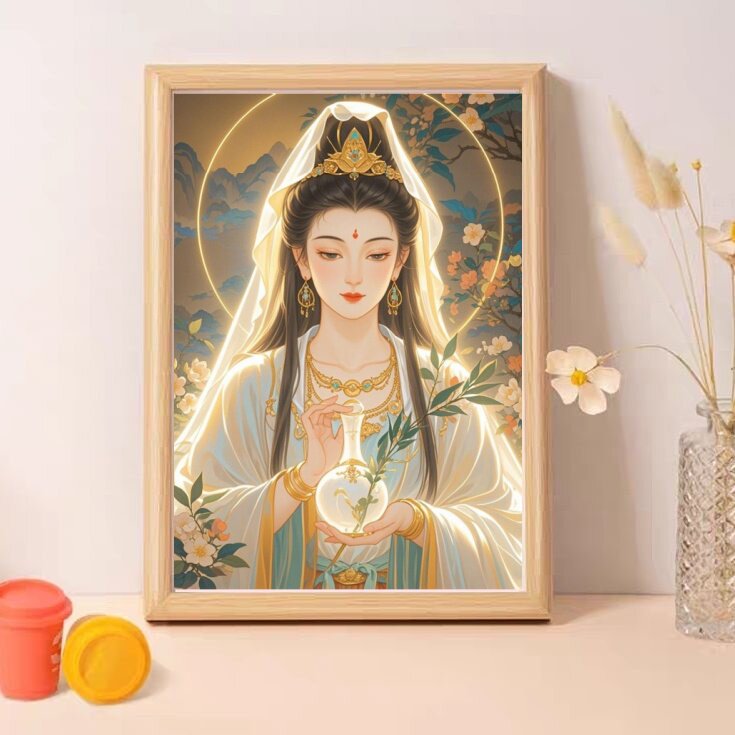 观音菩萨画像保平安佛堂供奉洒水观世音菩萨佛像观音菩萨挂画相框