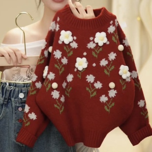 女童毛衣2025秋冬新款女孩时尚红色花朵加厚中大童保暖针织内搭