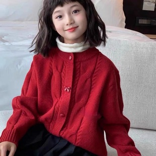 女童红色中大童毛衣开衫外套2025新款春秋韩版上衣洋气宝宝针织衫