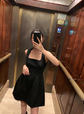 Mas Mash高定礼服新款黑色气质羊毛tr西装料方领收腰连衣裙女