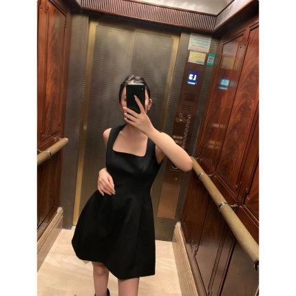 Mas Mash高定礼服新款黑色气质羊毛tr西装料方领收腰连衣裙女