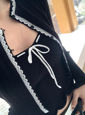 Mas Mash 花边撞色镂空针织开衫系带吊带套装女春短款显瘦两件套