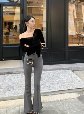 Mas Mash 一步之遥 高腰修身直筒垂感西装裤女显瘦灰色微弹喇叭裤