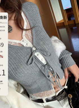 Mas Mash 波斯蜜语 假两件蕾丝拼接系带开衫内搭针织上衣冬