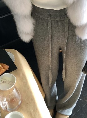 Mas Mash 海滨微风 薄绒华夫格松紧腰针织长裤女冬宽松直筒休闲裤
