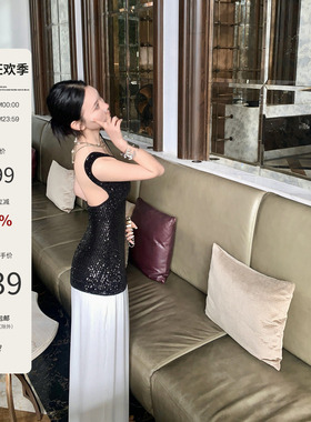 Mas Mash 人鱼之泪 亮片针织露背拼接肩带雪纺优雅长款连衣裙女