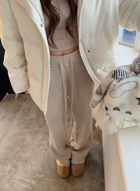 Mas Mash 奶油谢德林 冬季外穿高腰针织糯米加绒白色直筒休闲长裤